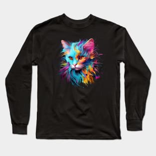 Cute Cat Face of Colorful Rainbow Paint Long Sleeve T-Shirt